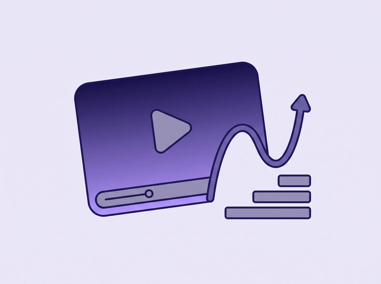 A video player with a play button and a retention curve rising to an upward arrow, illustrating a sales video judged on results.