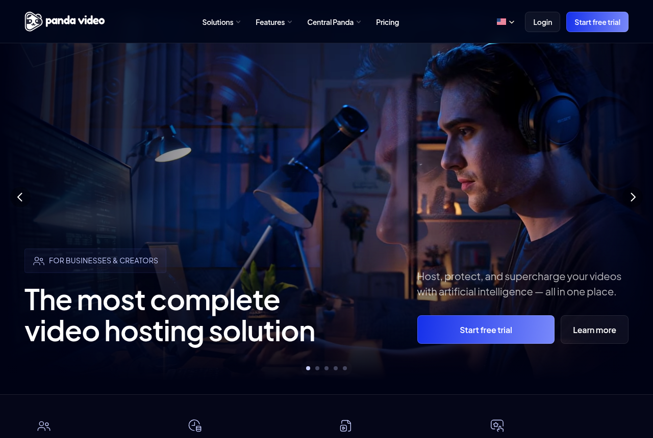 Panda Video home page, headlined 'The most complete video hosting solution'.