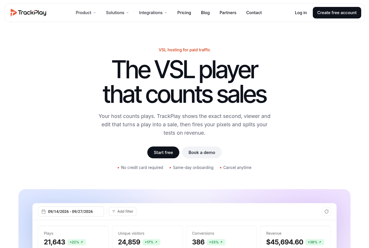 TrackPlay home page: the headline 'The VSL player that counts sales' over a dark indigo hero.