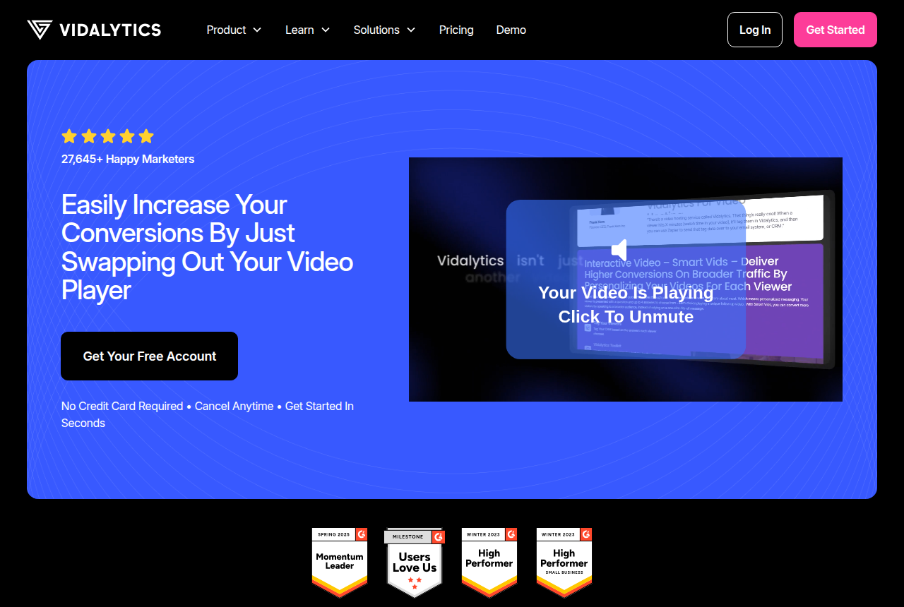 Vidalytics home page, headlined 'Easily increase your conversions by just swapping out your video player'.