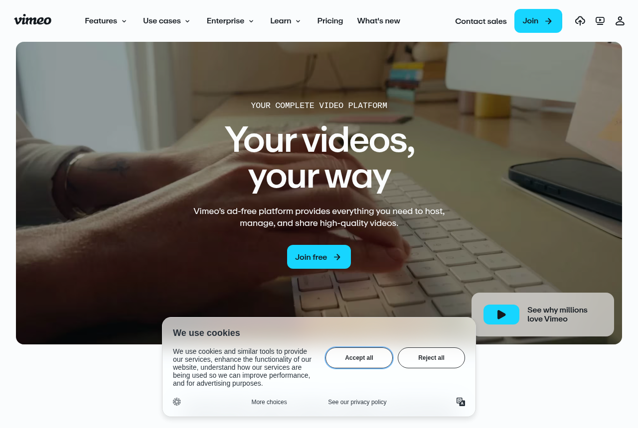 Vimeo home page for its general-purpose video hosting and creation tools.