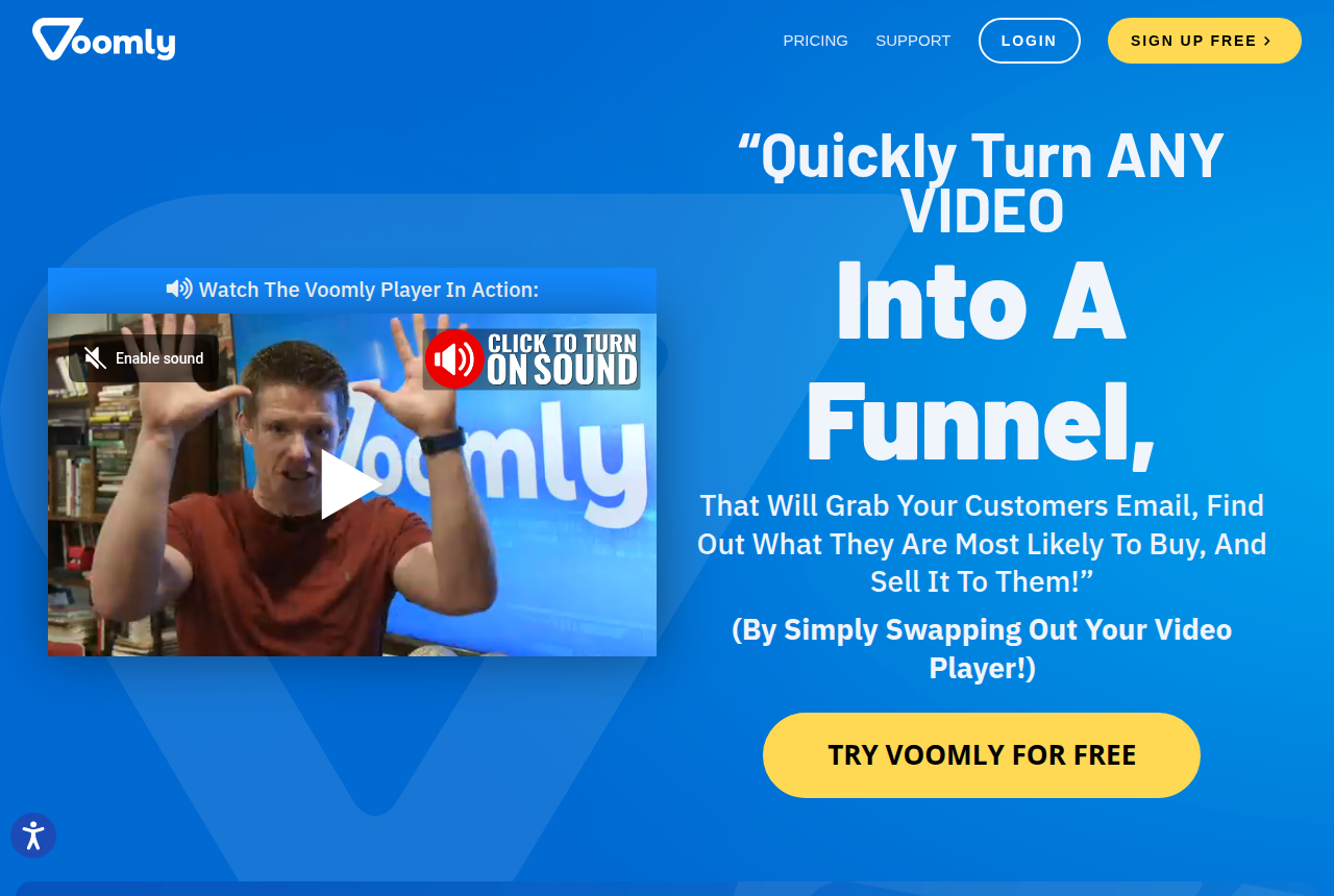 Voomly home page showing its drag-and-drop video creation and hosting studio.